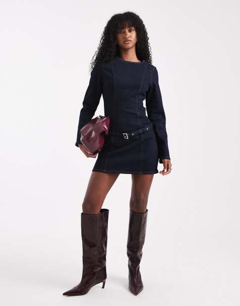 ASOS DESIGN slim fit denim mini dress with skinny belt in indigo - view 1