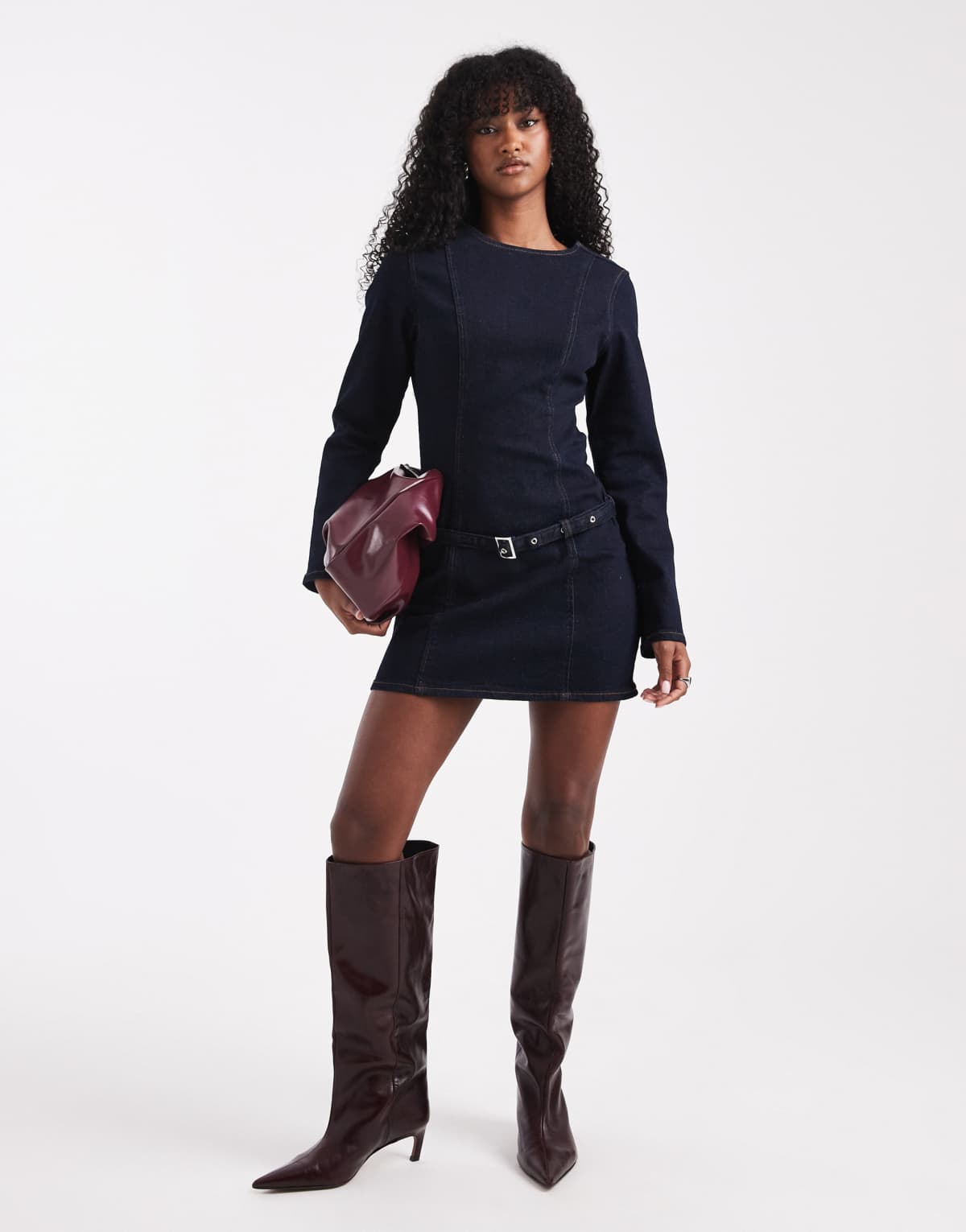 ASOS DESIGN slim fit denim mini dress with skinny belt in indigo