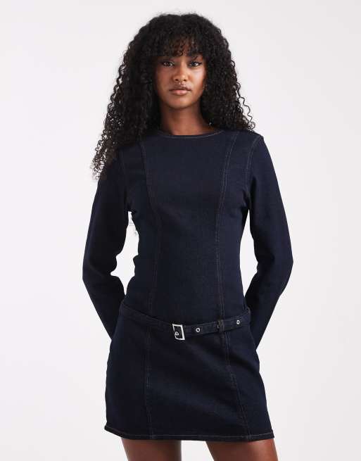 ASOS DESIGN slim fit denim mini dress with skinny belt in indigo