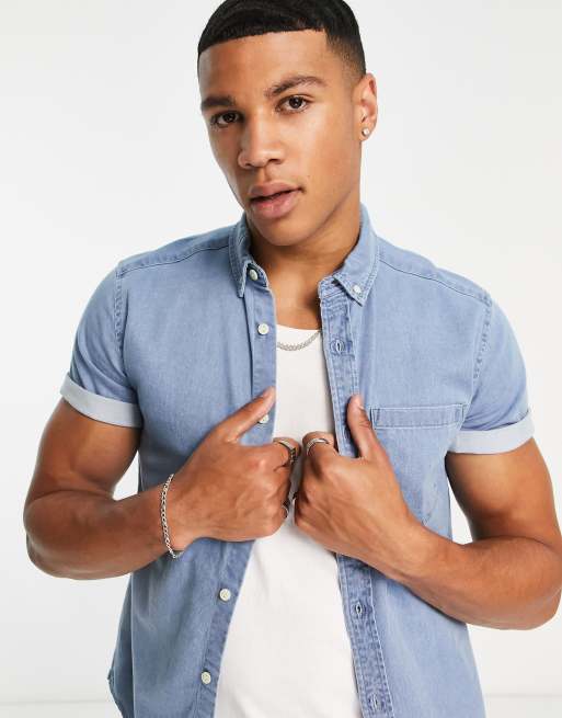 ASOS DESIGN - Slim fit denim overhemd in lichte wassing
