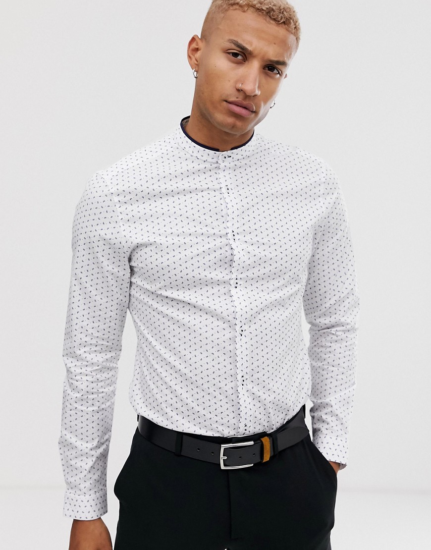 ASOS DESIGN slim fit ditsy paisley shirt with contrast grandad collar trim-White