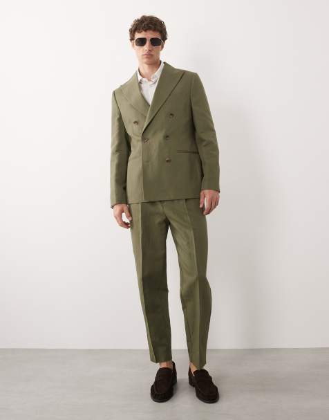 ASOS DESIGN - Slim-fit double-breasted pak van linnenmix in donker olijfgroen - view 1