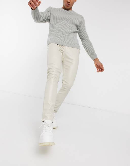 Mens white deals leather trousers