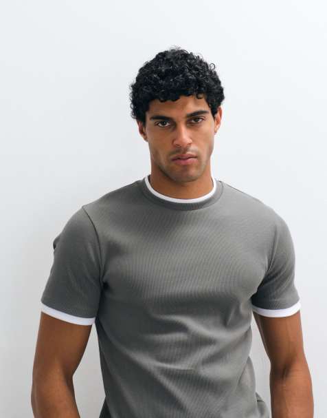 ASOS DESIGN - Slim-fit geribbeld T-shirt met dubbele laag in grijs - view 1