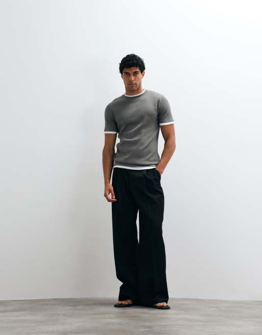 ASOS DESIGN - Slim-fit geribbeld T-shirt met dubbele laag in grijs, 2 van 5