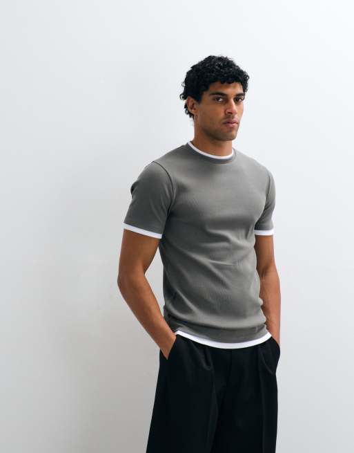 ASOS DESIGN - Slim-fit geribbeld T-shirt met dubbele laag in grijs, 3 van 5