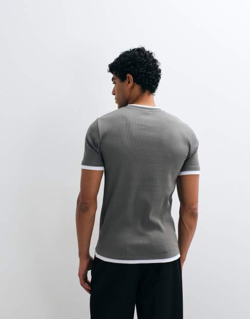 ASOS DESIGN - Slim-fit geribbeld T-shirt met dubbele laag in grijs, 5 van 5