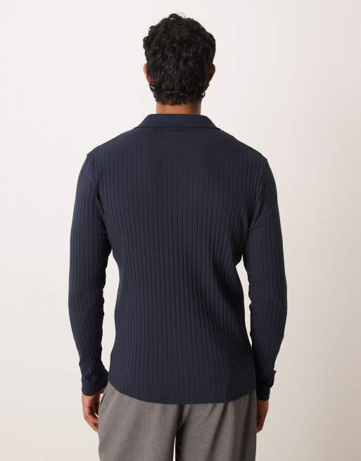 ASOS DESIGN - Slim-fit geribbelde polo in marineblauw , 3 van 5