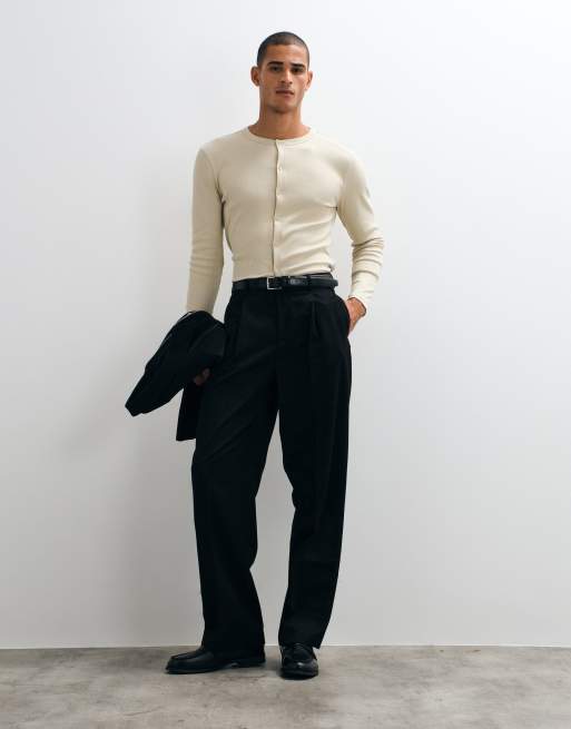 ASOS DESIGN slim-fit geribde top met lange mouwen en knoopsluiting in stone, 2 van 5