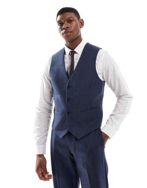 ASOS DESIGN - Slim fit gilet met wol en visgraatmotief in blauw - view 1