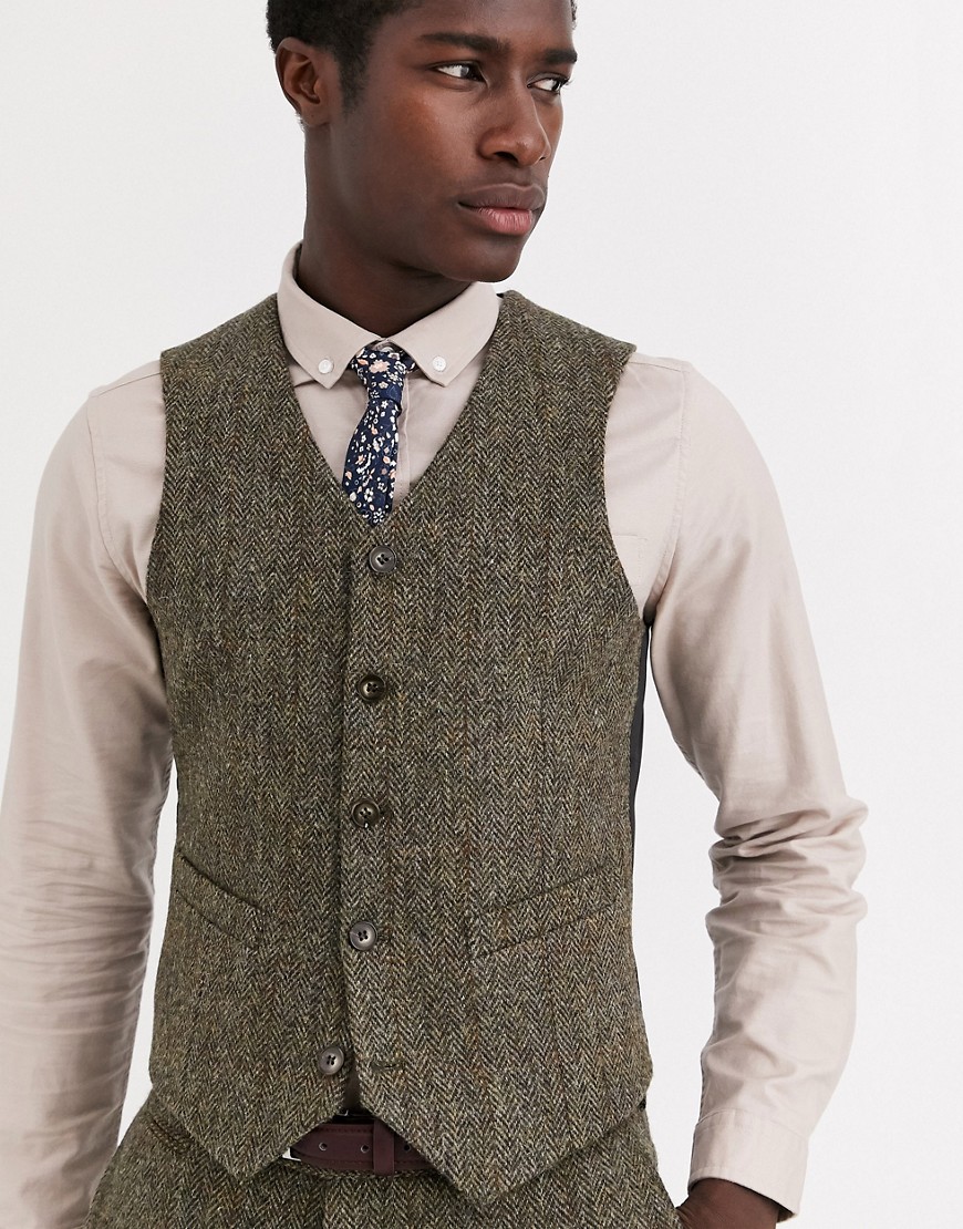 ASOS DESIGN - Slim-fit gilet van 100% wol, Harris tweed in bruin visgraatmotief