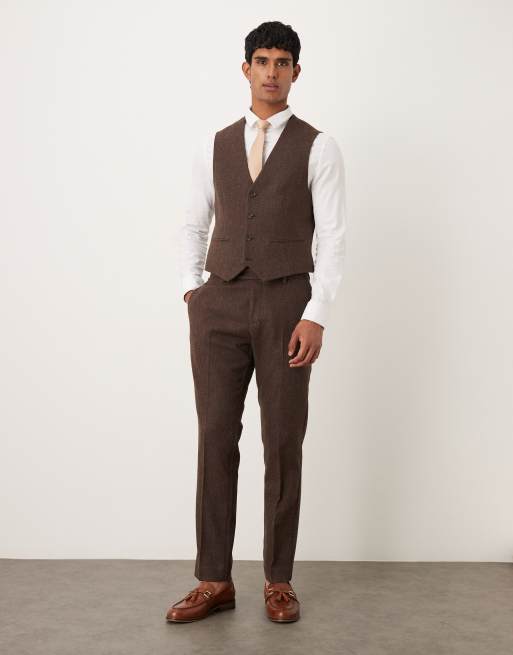 ASOS DESIGN - Slim-fit gilet van wol met visgraatmotief in bruin, 2 van 5