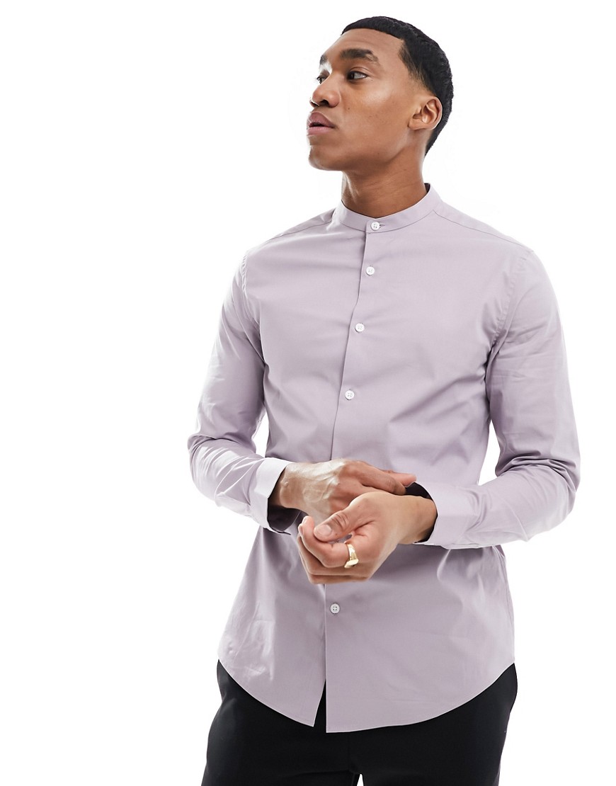 Asos Design Slim Fit Grandad Collar Shirt In Lilac-purple