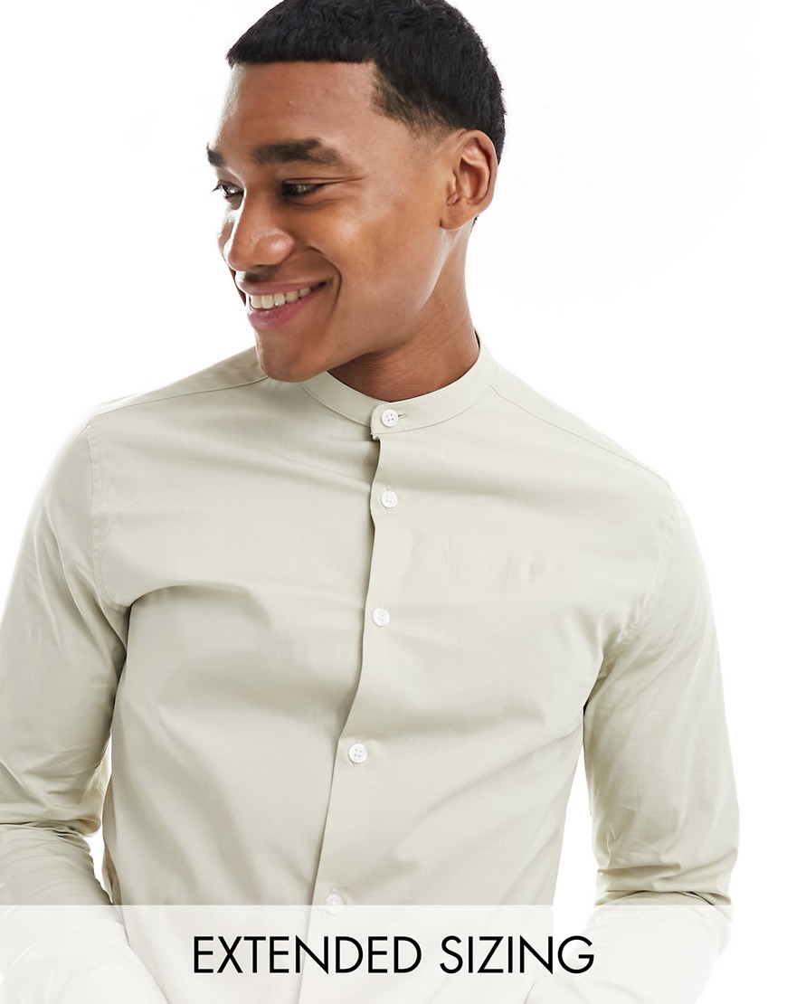 Asos Design Slim Fit Grandad Collar Shirt In Stone-neutral