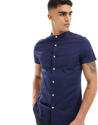 Asos Design Slim Fit Grandad Collar Shirt With Roll Sleeves In Navy