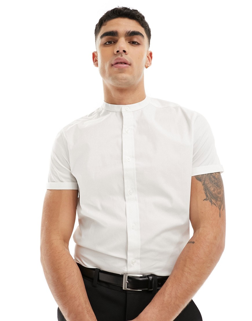ASOS DESIGN slim fit grandad collar shirt with roll sleeves in white