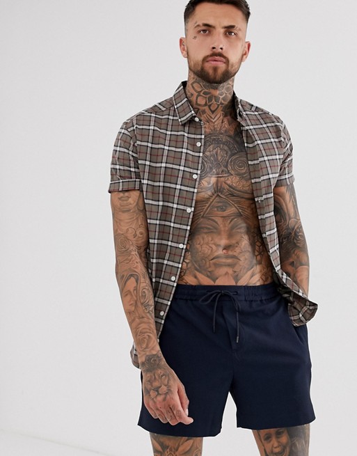ASOS DESIGN slim fit grid check shirt in khaki | ASOS