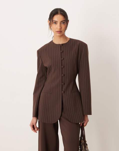 ASOS DESIGN slim fit high neck blazer in chocolate brown