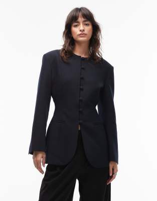 Asos Design Slim Fit High Neck Blazer In Blue