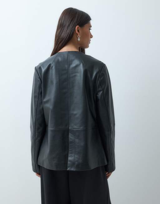 ASOS DESIGN slim-fit jack van echt leer met frogsluitingen in zwart, 4 van 4