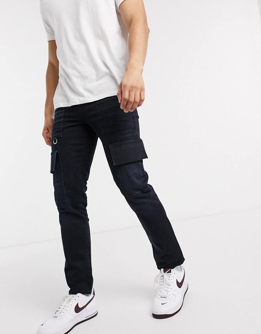 ASOS DESIGN - Slim-fit jeans met cargozakken en D-ringen in donkerblauw
