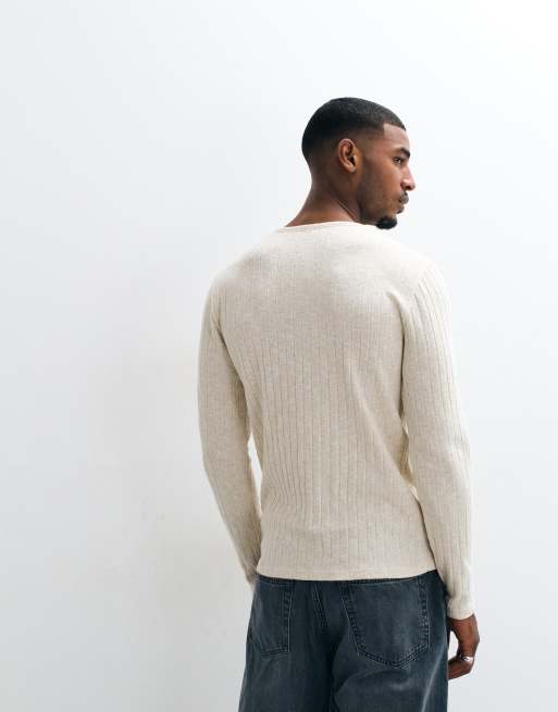 ASOS DESIGN Slim-Fit Langarm-T-Shirt mit Henley-Ausschnitt in neutraler Leinenoptik mit Rippstruktur, 5 von 5
