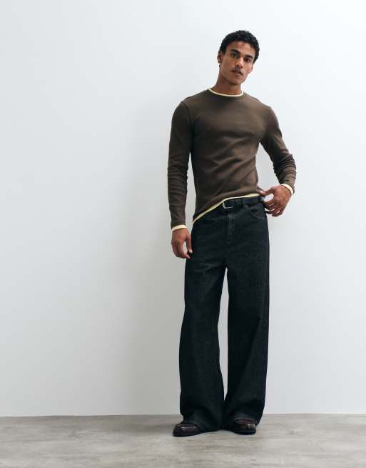 ASOS DESIGN slim fit långärmad t-shirt med dubbla lager i brun och gul, 2 av 5