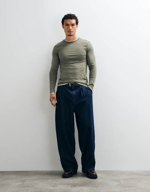 ASOS DESIGN slim fit langærmet T-shirt med dobbeltlag i khaki og hvid, 2 af 5