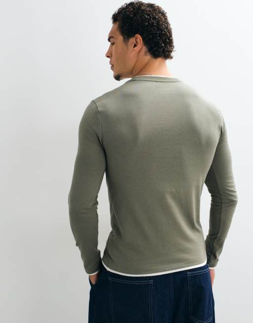 ASOS DESIGN slim fit langærmet T-shirt med dobbeltlag i khaki og hvid, 3 af 5
