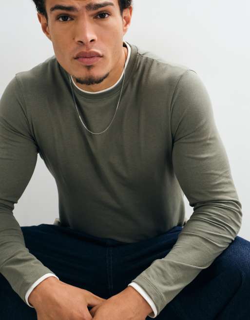 ASOS DESIGN slim fit langærmet T-shirt med dobbeltlag i khaki og hvid, 4 af 5