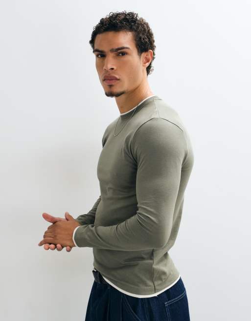 ASOS DESIGN slim fit langærmet T-shirt med dobbeltlag i khaki og hvid, 5 af 5
