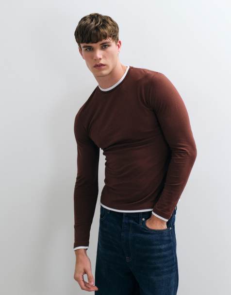 ASOS DESIGN slim fit long sleeve double layer t-shirt in brown - view 1