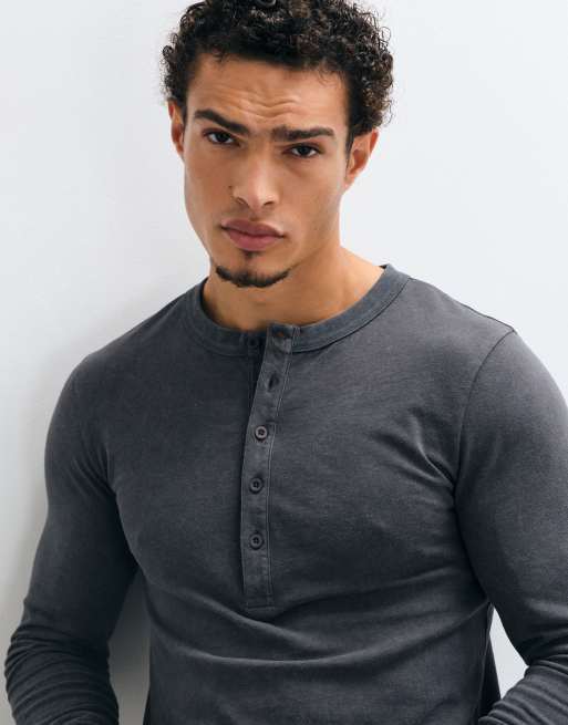 ASOS DESIGN slim fit long sleeve henley t-shirt in washed gray, 3 of 5