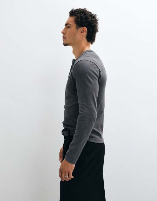 ASOS DESIGN slim fit long sleeve henley t-shirt in washed gray, 4 of 5