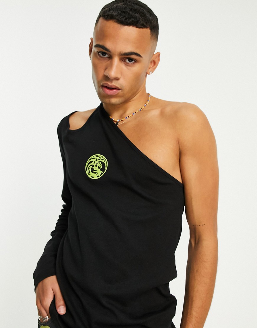 ASOS DESIGN slim fit long sleeve one shoulder T-shirt in black with dragon embroidery