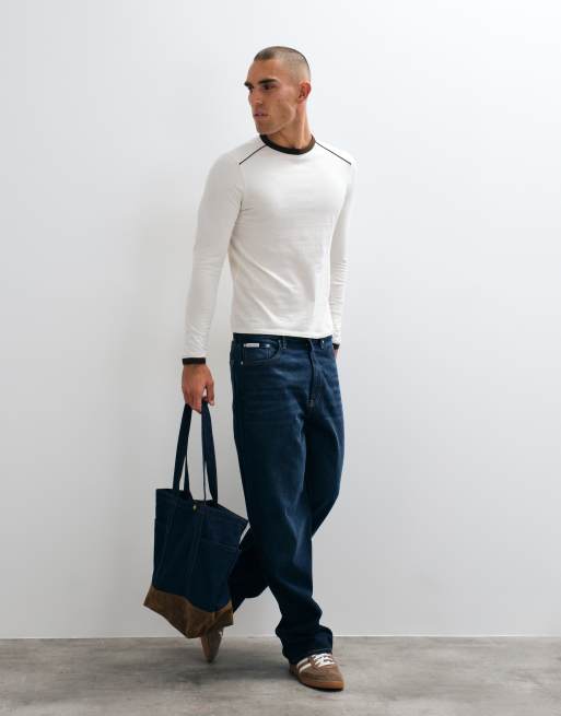 ASOS DESIGN slim fit long sleeve ringer t-shirt with contrast neck and cuff in off white, 2 of 5