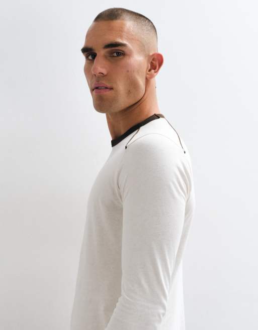 ASOS DESIGN slim fit long sleeve ringer t-shirt with contrast neck and cuff in off white, 3 of 5