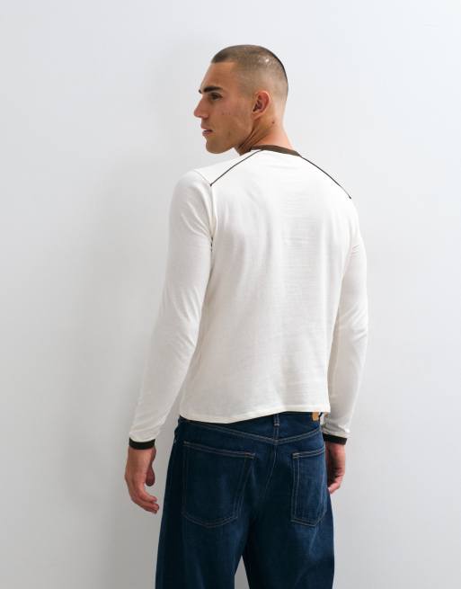 ASOS DESIGN slim fit long sleeve ringer t-shirt with contrast neck and cuff in off white, 4 of 5
