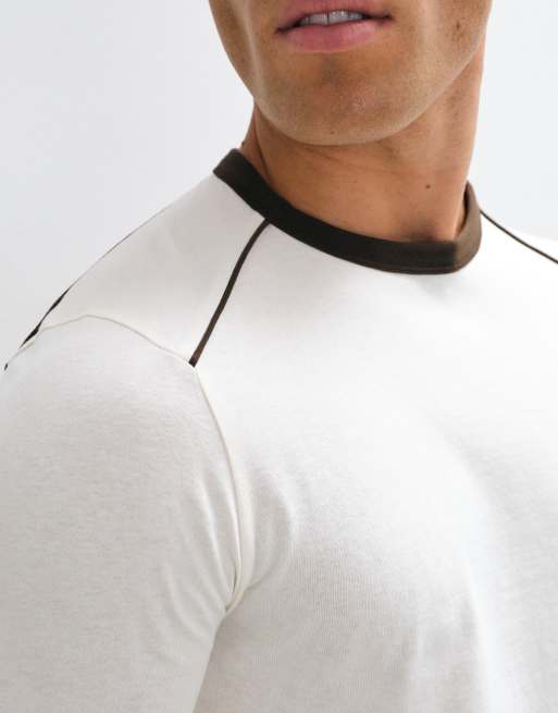 ASOS DESIGN slim fit long sleeve ringer t-shirt with contrast neck and cuff in off white, 5 of 5