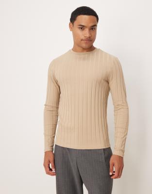 Asos Design Slim Fit Long Sleeve T-shirt In Neutral