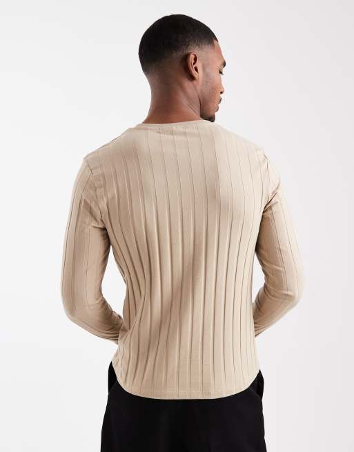 ASOS DESIGN slim fit long sleeve t-shirt in beige wide rib , 3 of 5