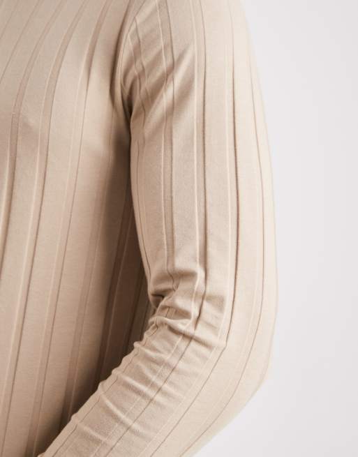 ASOS DESIGN slim fit long sleeve t-shirt in beige wide rib , 4 of 5