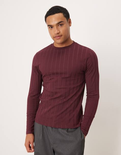 ASOS DESIGN slim fit long sleeve t-shirt in burgundy wide rib - view 1