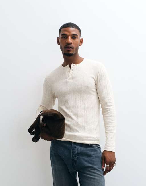 ASOS DESIGN slim fit long sleeve t-shirt with henley in neutral linen look rib, 2 of 5