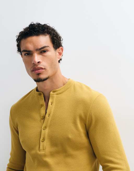ASOS DESIGN slim fit long sleeve t-shirt with henley in yellow waffle, 3 of 5