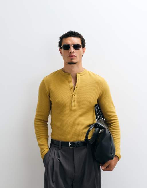 ASOS DESIGN slim fit long sleeve t-shirt with henley in yellow waffle, 5 of 5