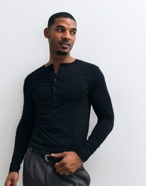 ASOS DESIGN slim fit long sleeve t-shirt with henley neck in black, 2 of 5