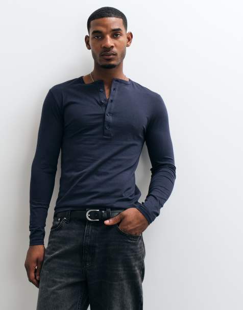 ASOS DESIGN slim fit long sleeve t-shirt with henley neck in navy - view 1