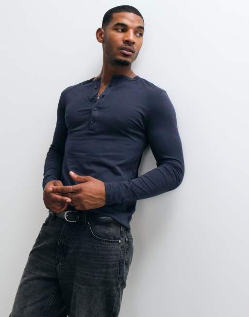 ASOS DESIGN slim fit long sleeve t-shirt with henley neck in navy, 2 of 5
