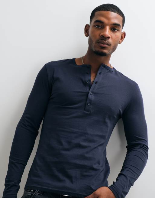 ASOS DESIGN slim fit long sleeve t-shirt with henley neck in navy, 4 of 5